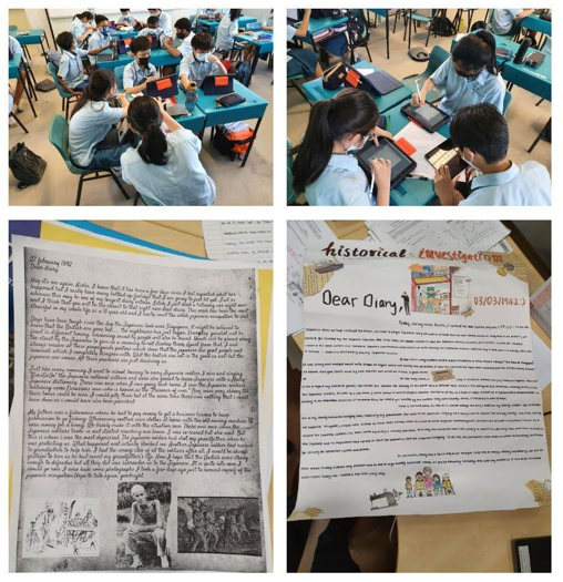 Students collaborate on digital note‑taking in class and present historical investigation projects including a handwritten report and a “Dear Diary” assignment.